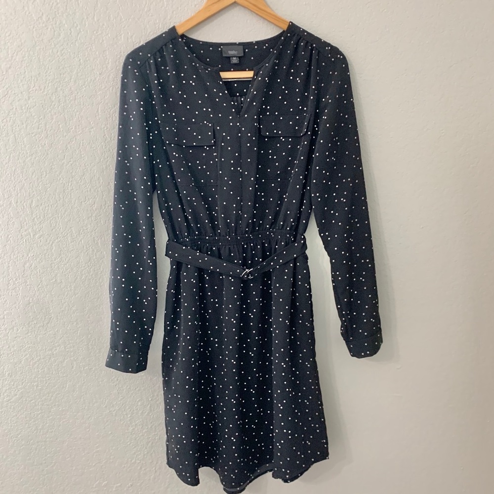 Mossimo | Black Polka Dot Long Sleeve Belted Dress